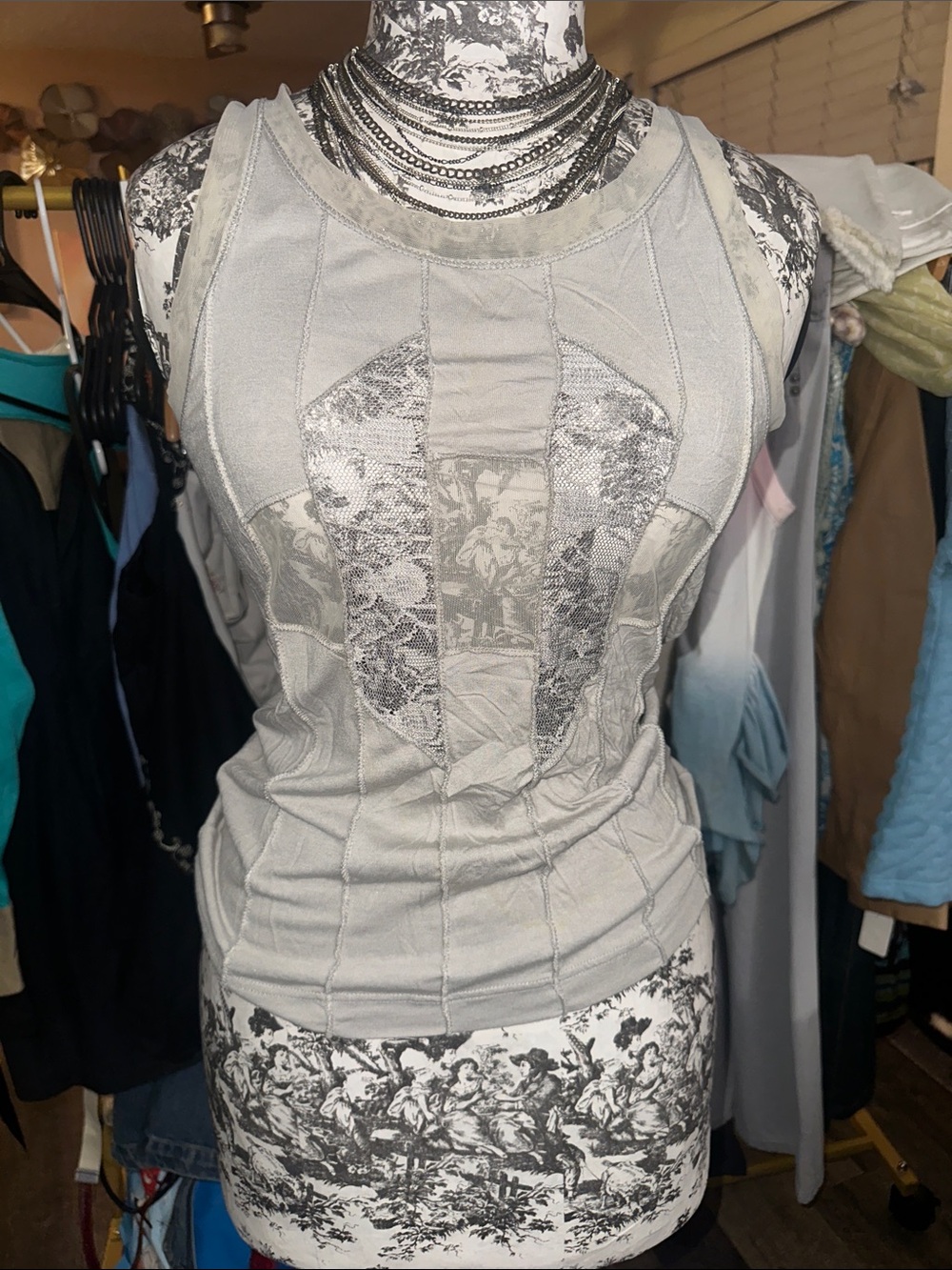 Diesel Light Gray Paneled Lace-Inset Tank Top